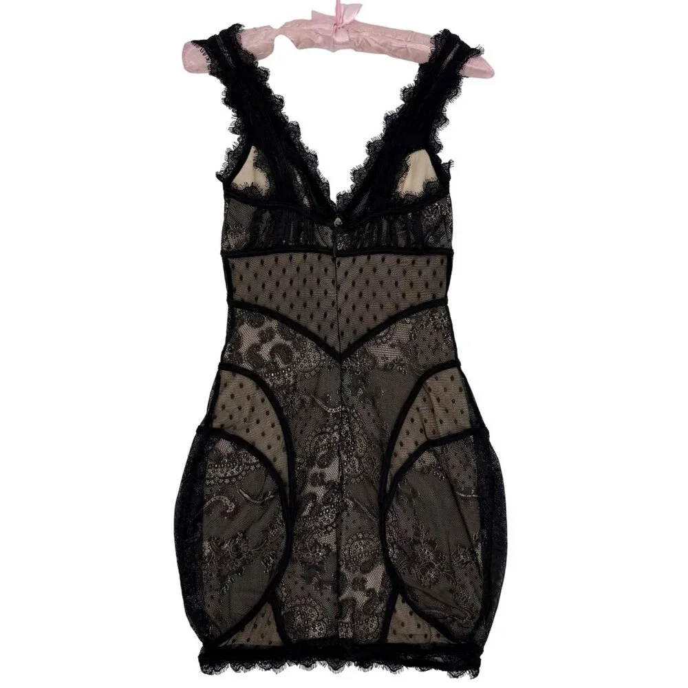 Vintage Bebe Nude & Black Lace Corset Style Mini Dress XS| Femme Fatale Coquette - Picture 8 of 16